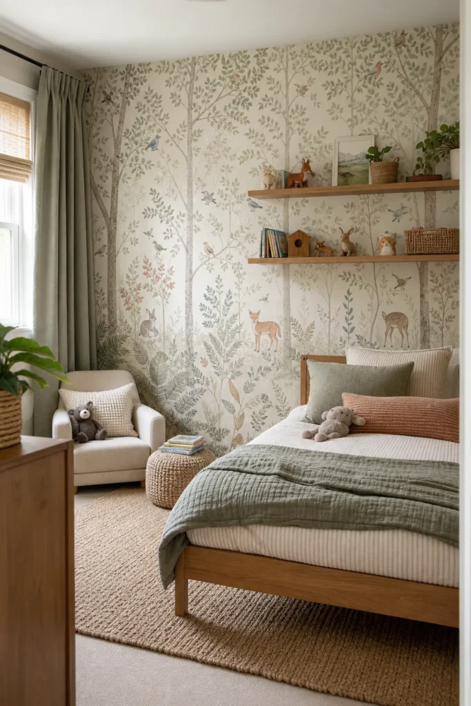 Calm kids bedroom wallpaper feature wall with a soft woodland mural and natural decor