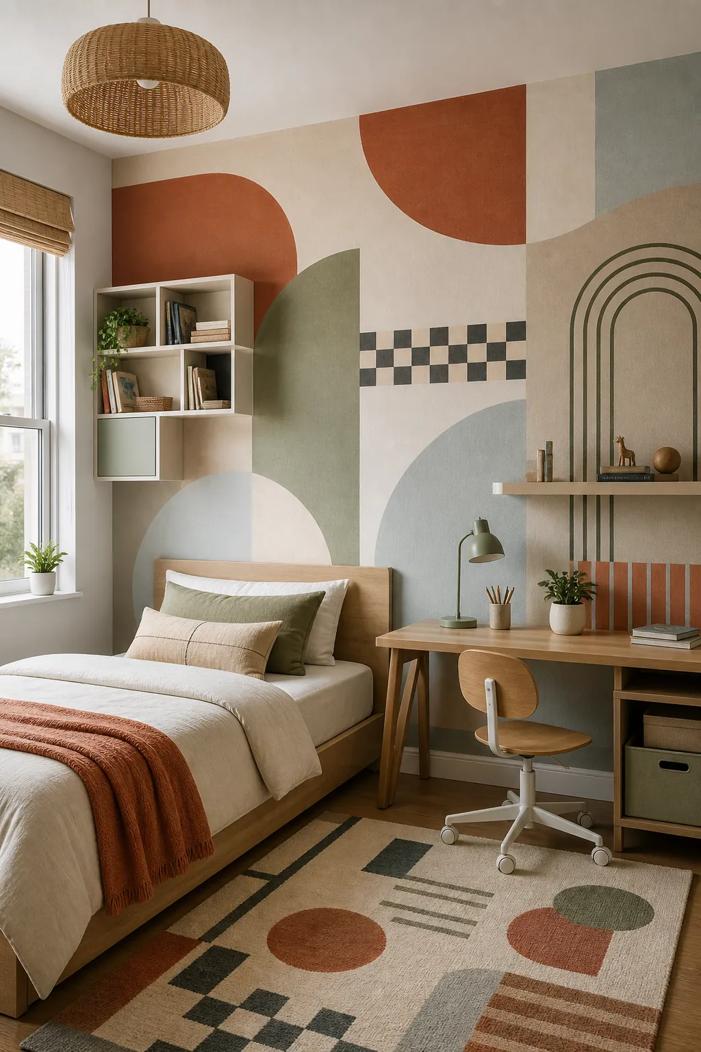 Modern geometric kids bedroom wallpaper with rounded color-block shapes