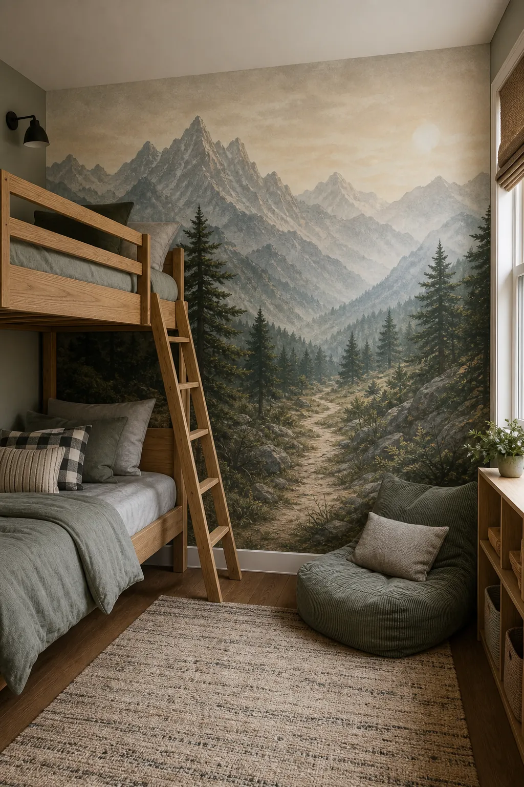 Mountain adventure kids bedroom wallpaper behind a wood bunk bed