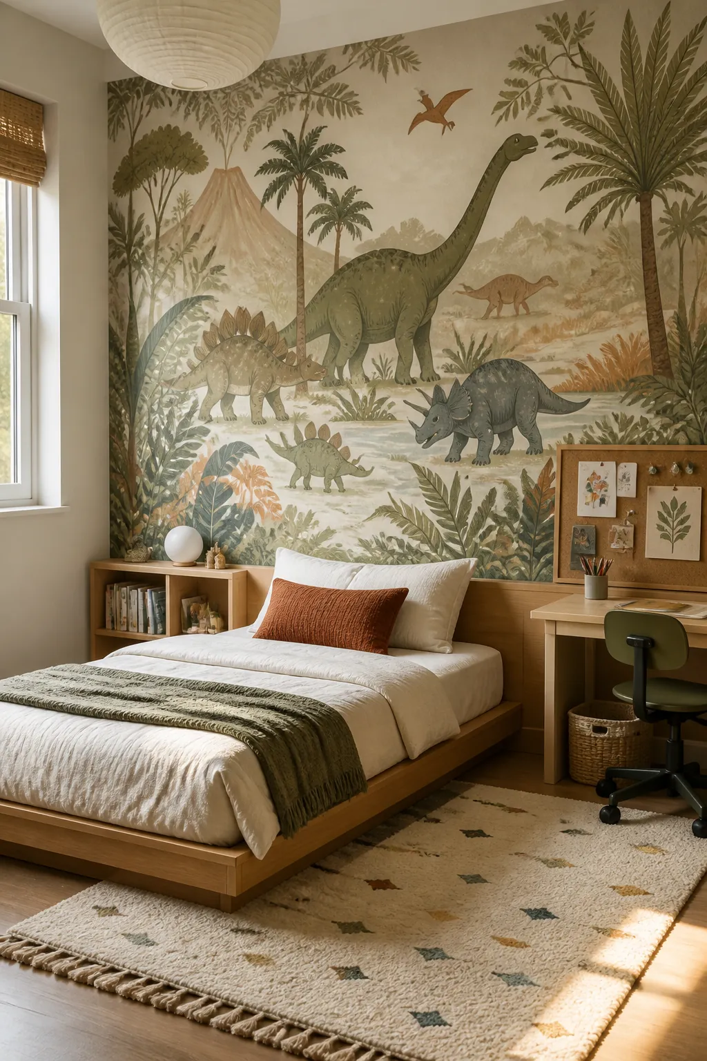 Muted dinosaur kids bedroom wallpaper with leafy plants and calm earthy colors