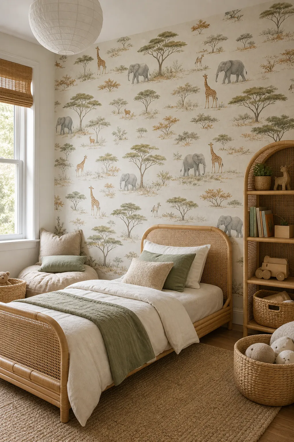 Muted safari kids bedroom wallpaper with watercolor animals and cane furniture