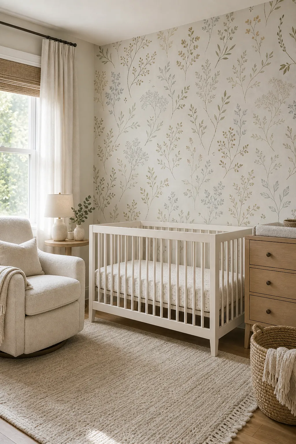 Neutral botanical wallpaper for a shared nursery