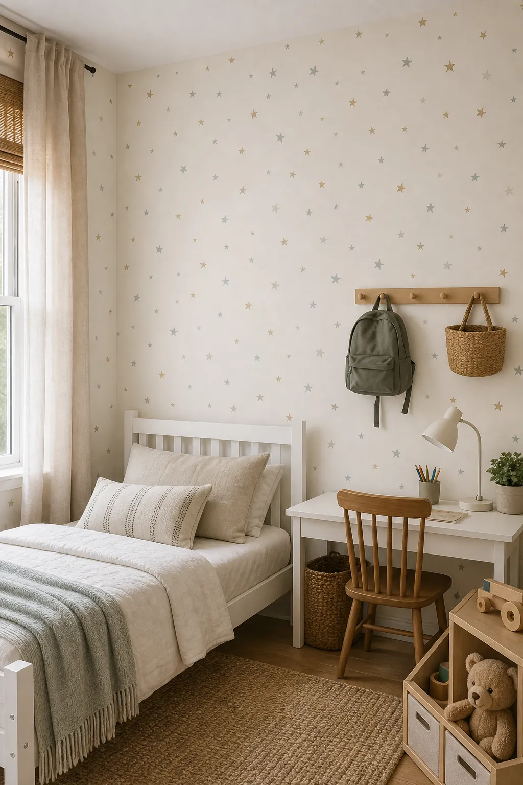 Neutral star peel and stick kids wallpaper in a rental-friendly bedroom