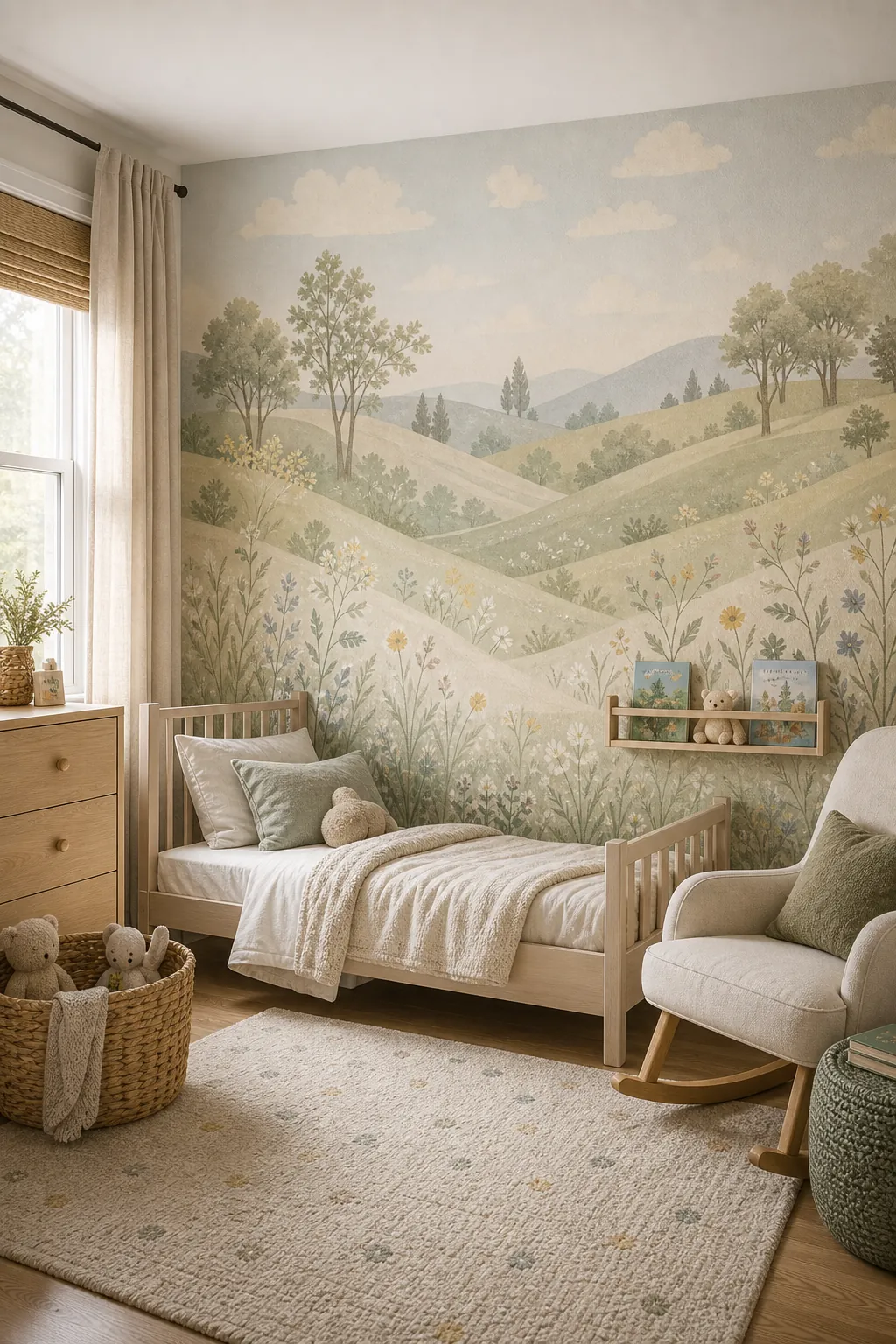 Nursery to big kid meadow wallpaper mural in soft sage and cream