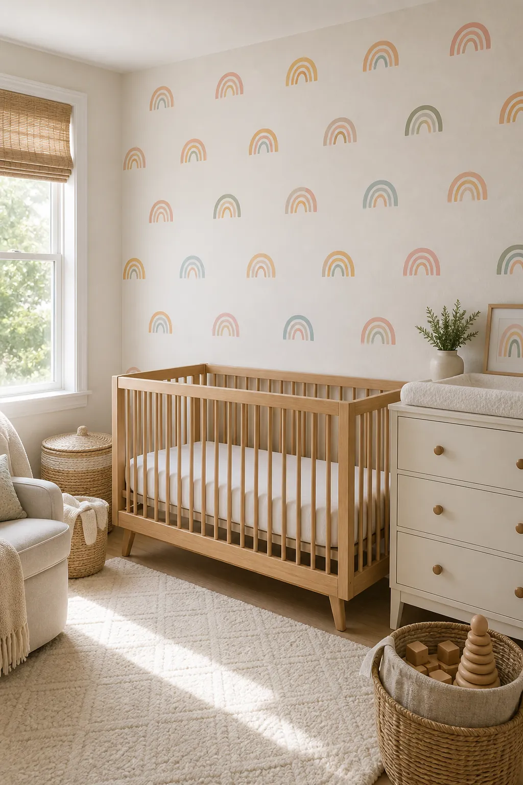 Pastel rainbow wallpaper in a bright baby room