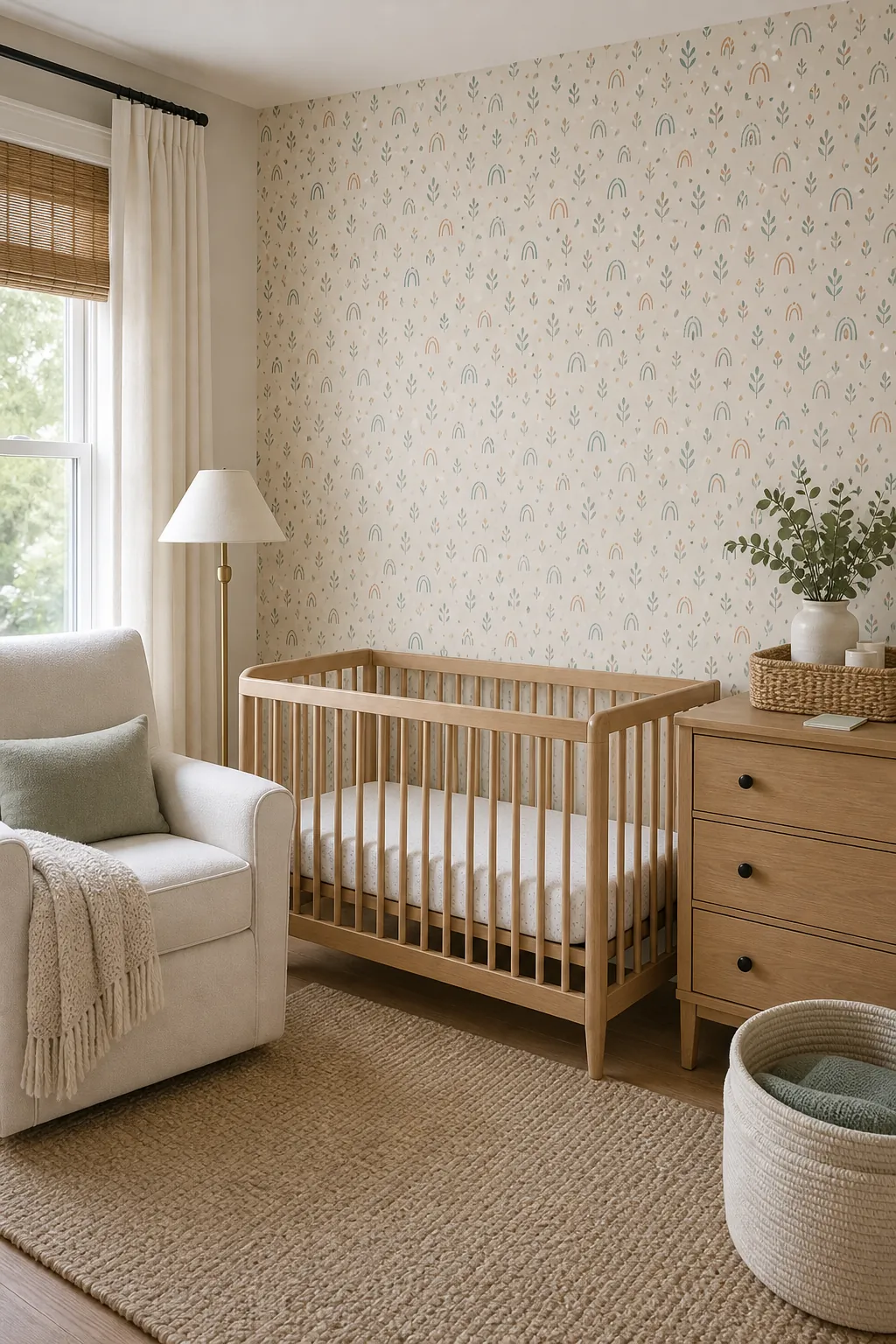 Peel and stick nursery accent wallpaper on one wall