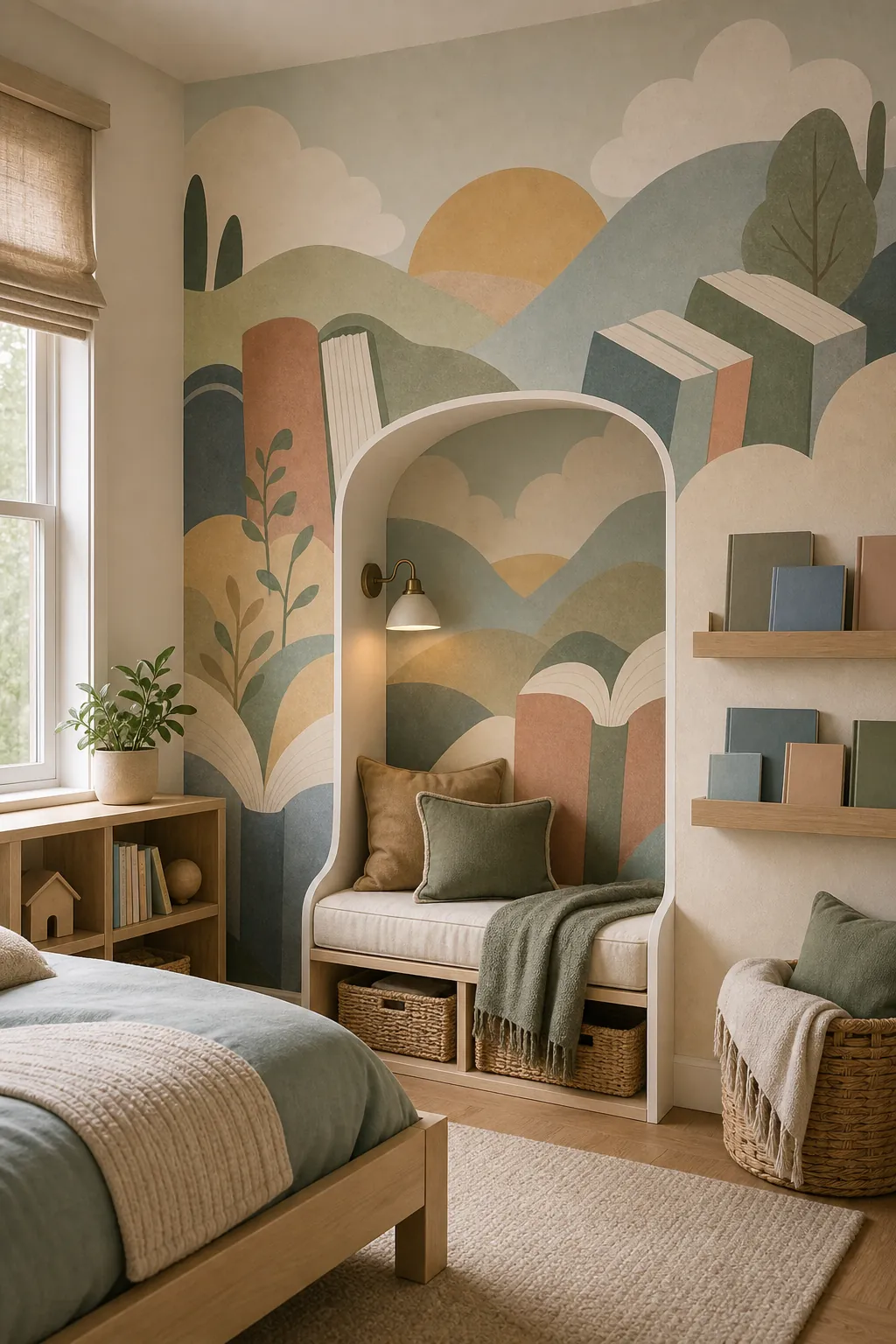 Kids room wall mural defining a cozy reading nook with soft abstract shapes