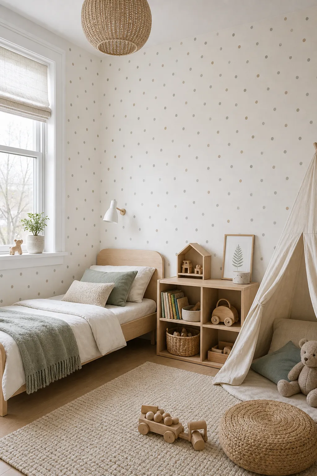 Scandinavian dot kids bedroom wallpaper with pale wood furniture