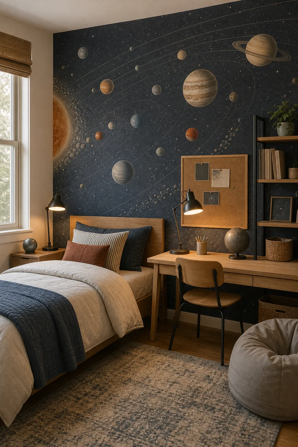 Solar system kids bedroom wallpaper with planets and orbital paths