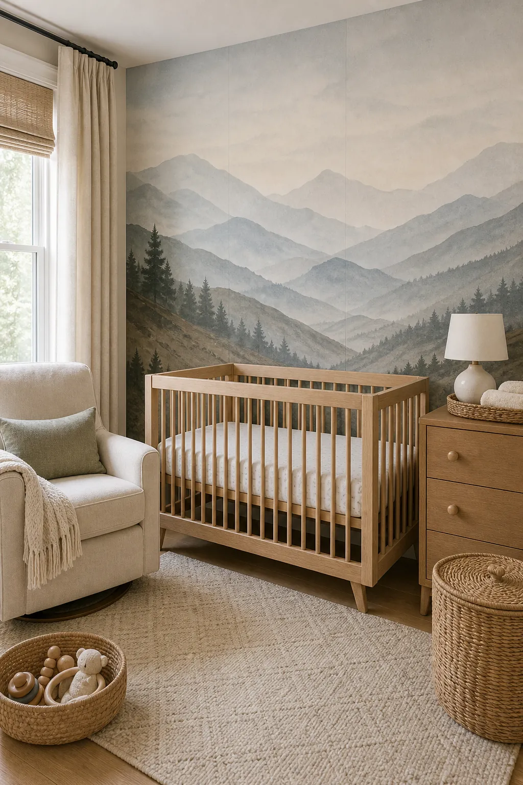Soft mountain mural wallpaper in a nursery