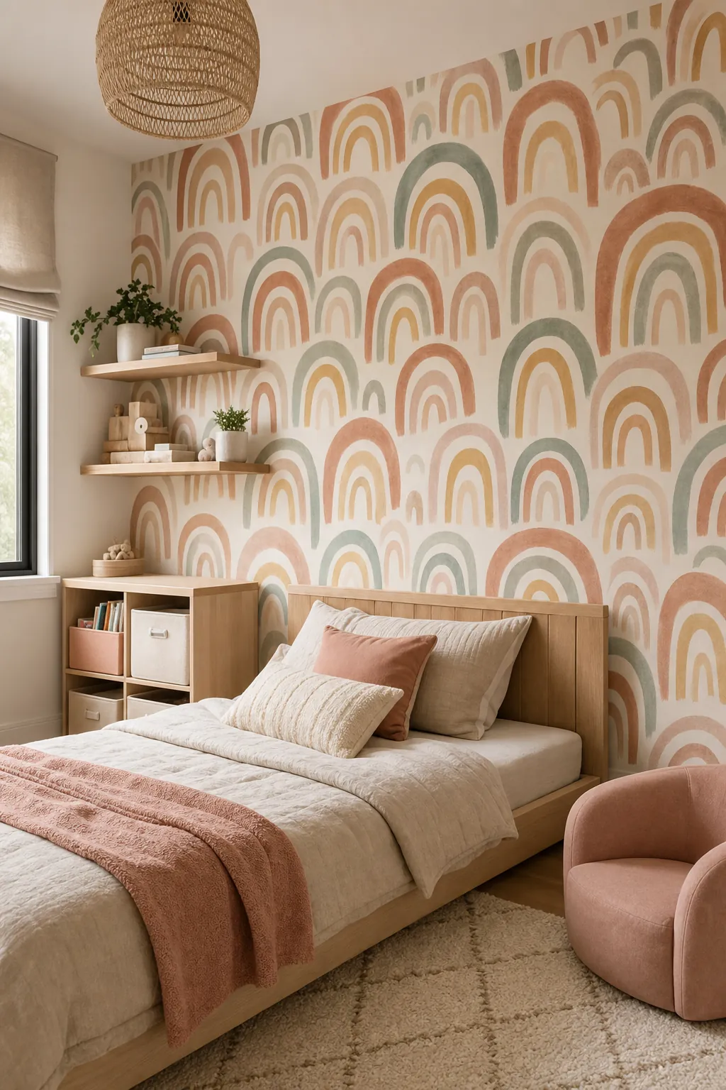 Soft rainbow arch kids bedroom wallpaper in muted clay and teal colors