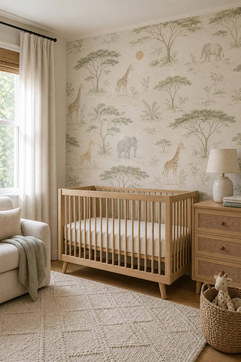 Soft safari nursery wallpaper with muted animals