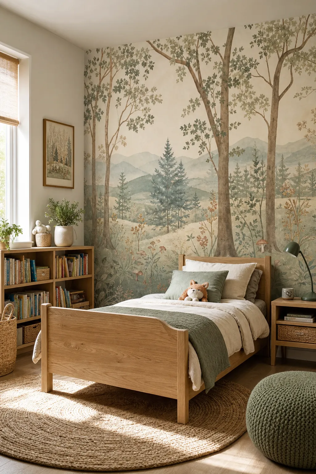 Soft woodland kids bedroom wallpaper with muted trees behind a wood bed