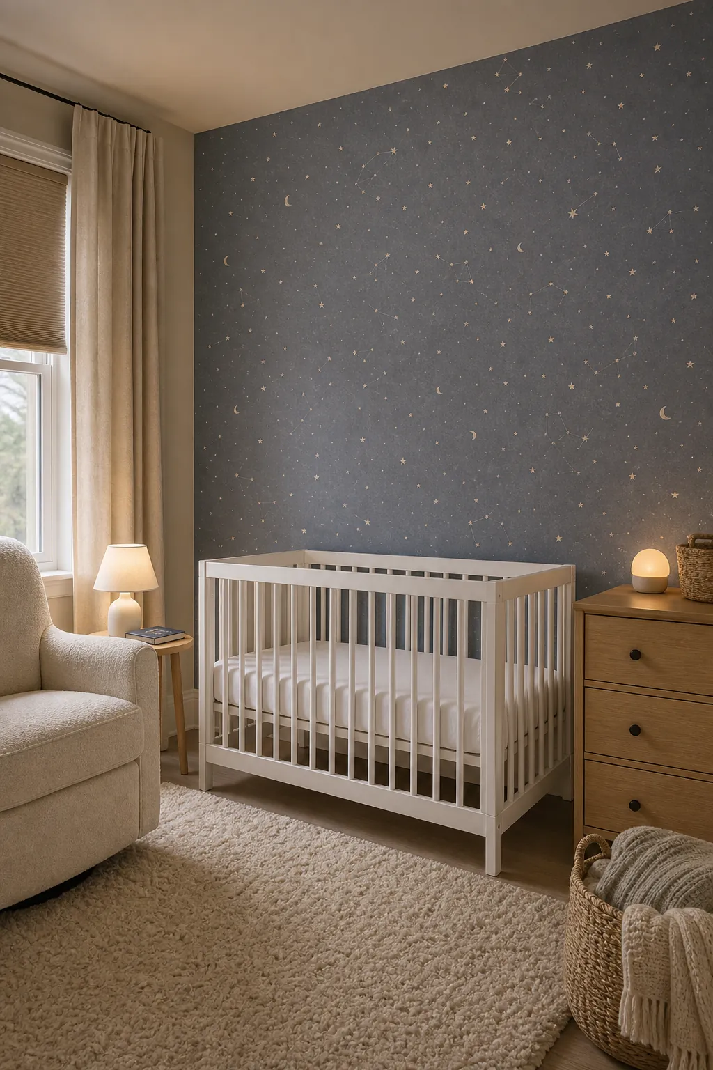 Starry night wallpaper for a sleepy baby room