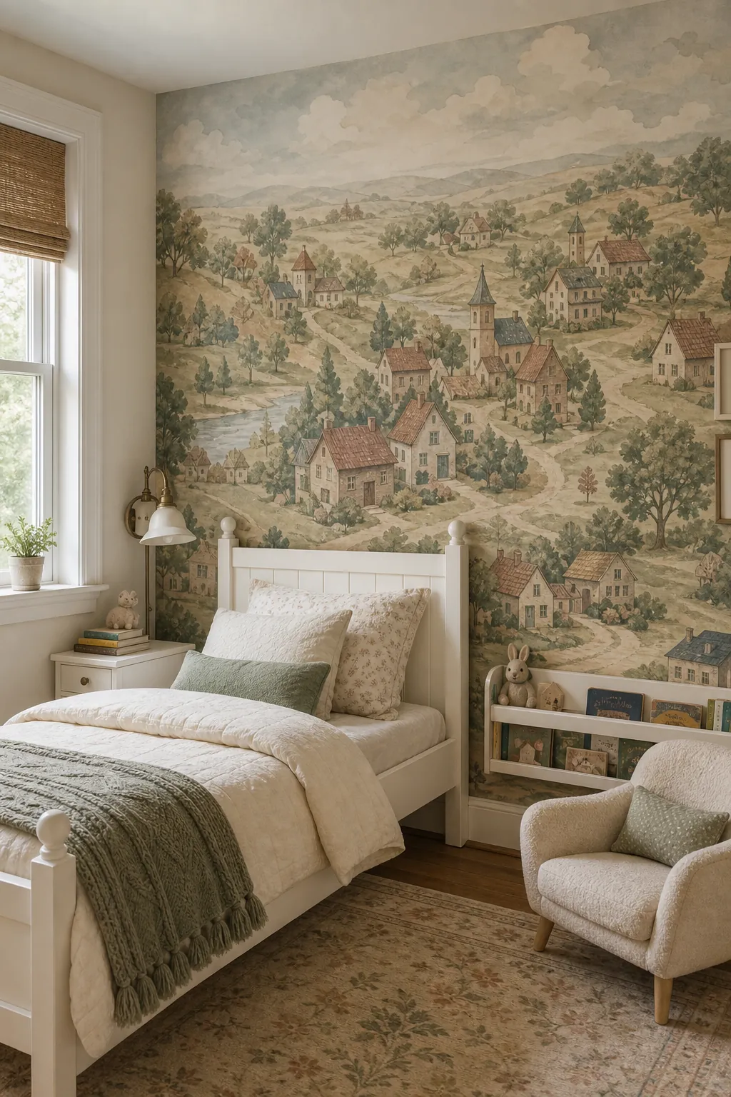 Storybook village kids bedroom wallpaper with small houses and rolling hills