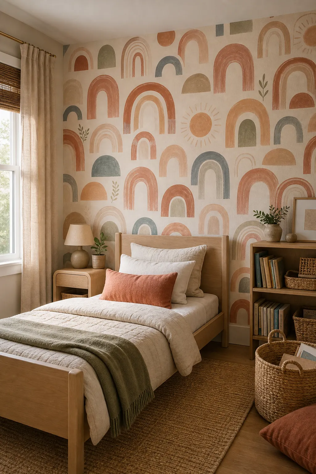 Terracotta arch kids bedroom wallpaper with warm modern colors