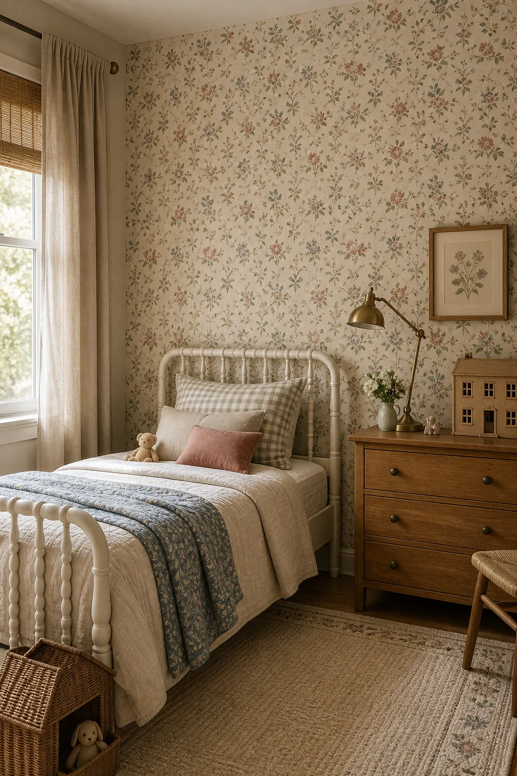 Vintage floral kids bedroom wallpaper with faded rose and sage tones