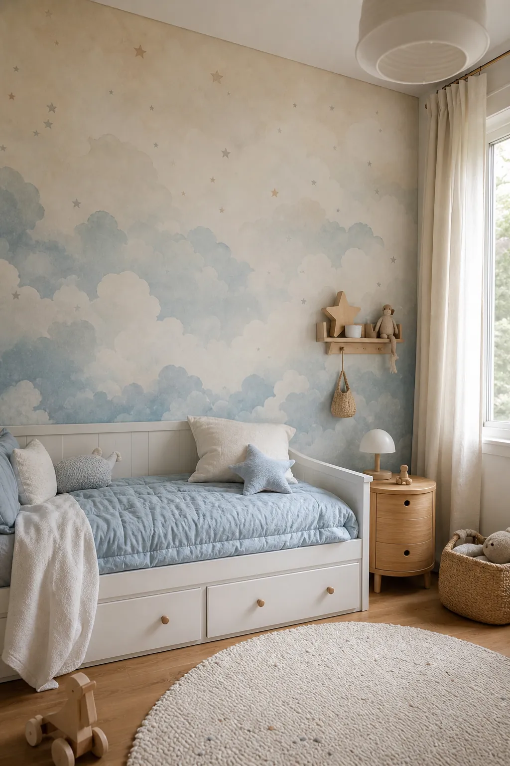 Watercolor cloud kids bedroom wallpaper in a soft blue and cream sleep-focused room
