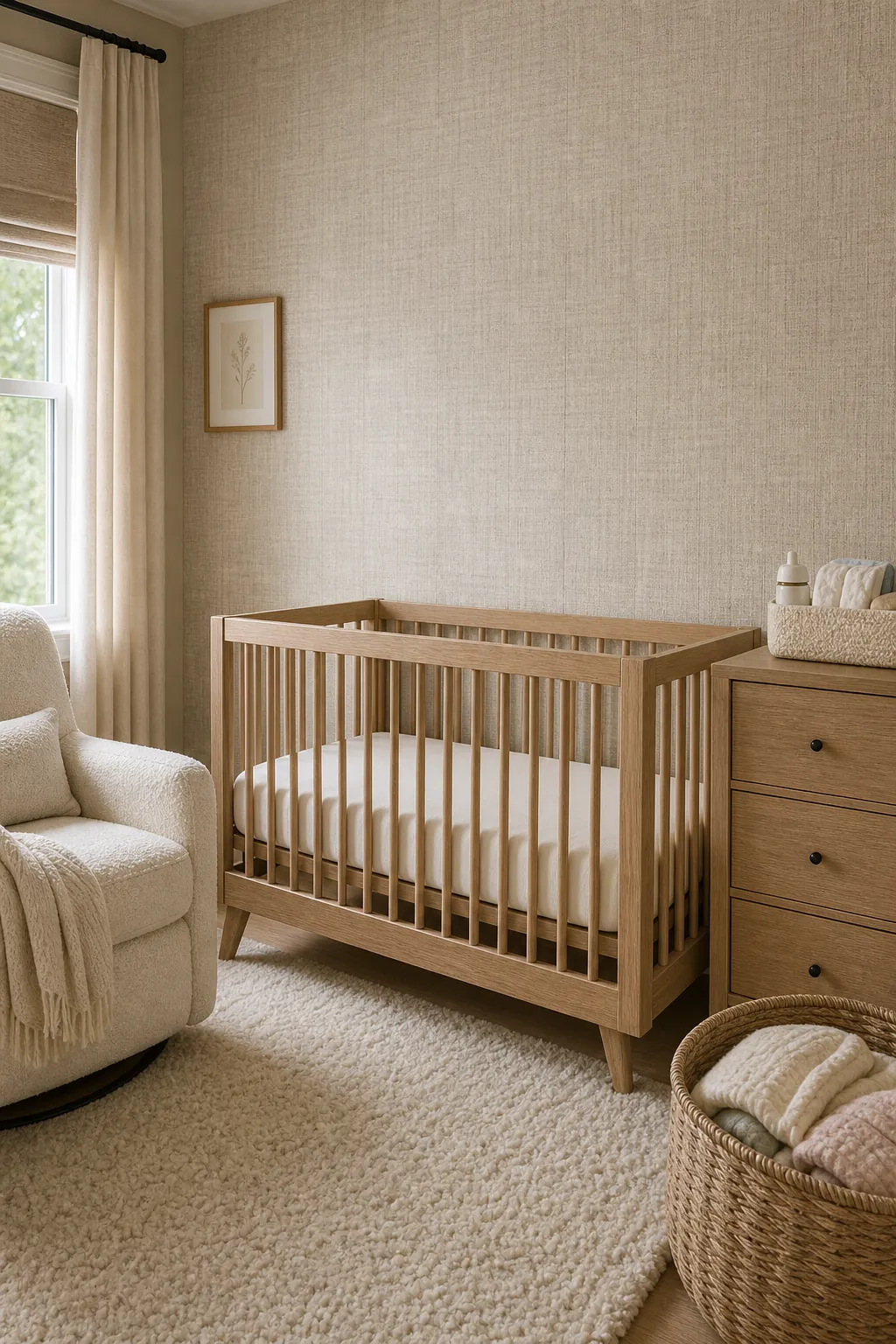 Woven look textured wallpaper in a calm nursery