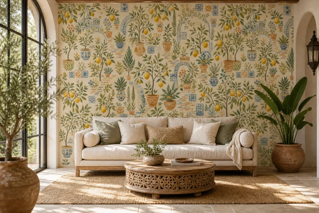 A modern Mediterranean sunroom featuring a watercolor citrus orchard mural on the main accent wall behind a linen sofa.