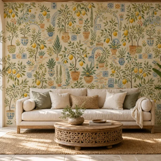 A modern Mediterranean sunroom featuring a watercolor citrus orchard mural on the main accent wall behind a linen sofa.