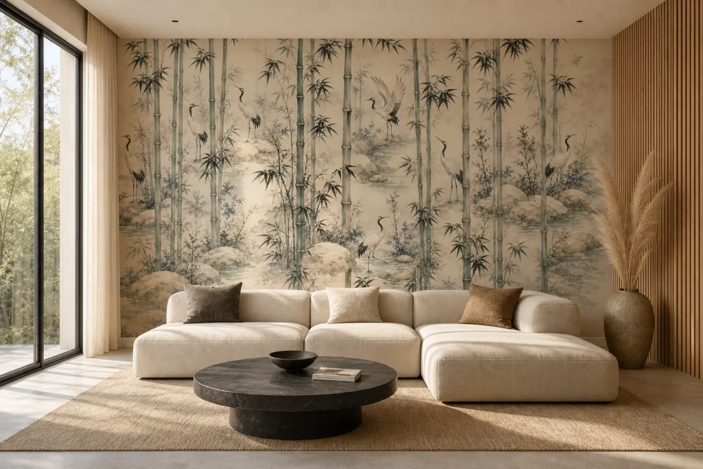 A serene Japandi living room featuring a sumi bamboo crane mural on the main accent wall behind a low modular sofa.