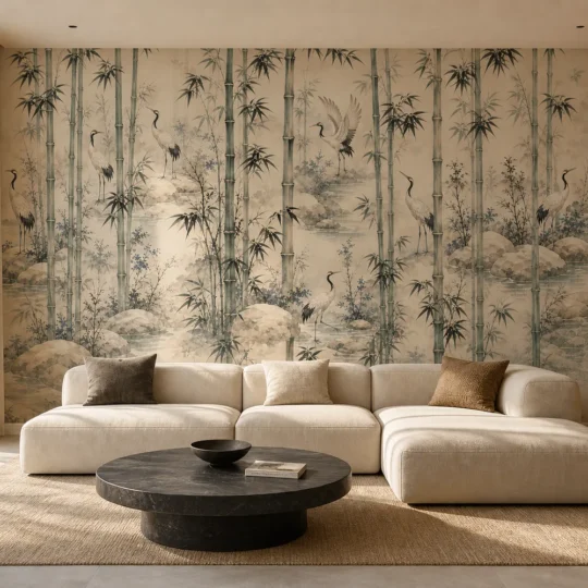 A serene Japandi living room featuring a sumi bamboo crane mural on the main accent wall behind a low modular sofa.