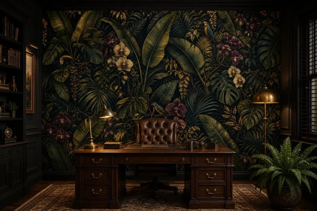 A dark maximalist home office featuring a moody jungle canopy mural on the main feature wall behind an antique mahogany desk.