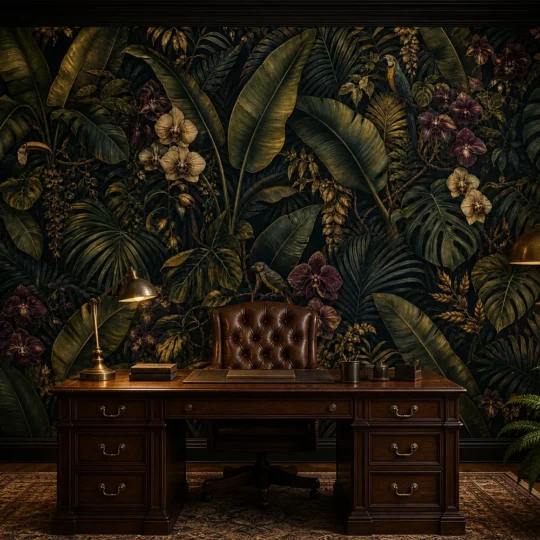 A dark maximalist home office featuring a moody jungle canopy mural on the main feature wall behind an antique mahogany desk.