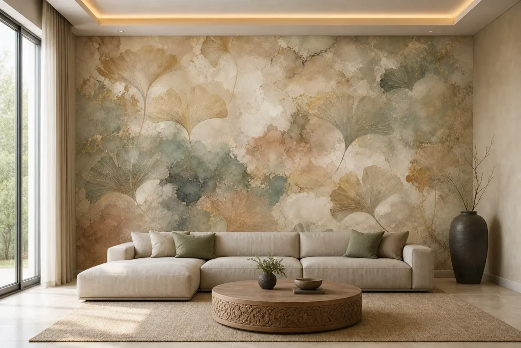 A modern Zen living room featuring a mineral ginkgo plaster mural on the main feature wall behind a minimalist sofa.