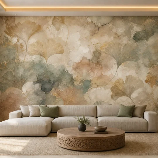 A modern Zen living room featuring a mineral ginkgo plaster mural on the main feature wall behind a minimalist sofa.