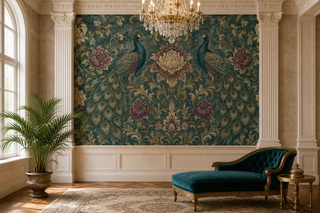 A Neoclassical Revival lounge featuring a heritage peacock damask mural on the feature wall.