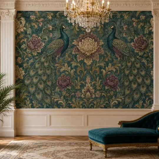 A Neoclassical Revival lounge featuring a heritage peacock damask mural on the feature wall.