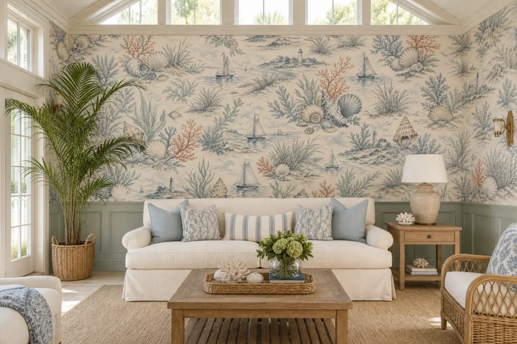 A bright Coastal Hamptons conservatory featuring a coastal shell toile mural applied to the main wall behind a linen sofa.