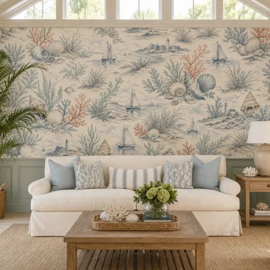 A bright Coastal Hamptons conservatory featuring a coastal shell toile mural applied to the main wall behind a linen sofa.