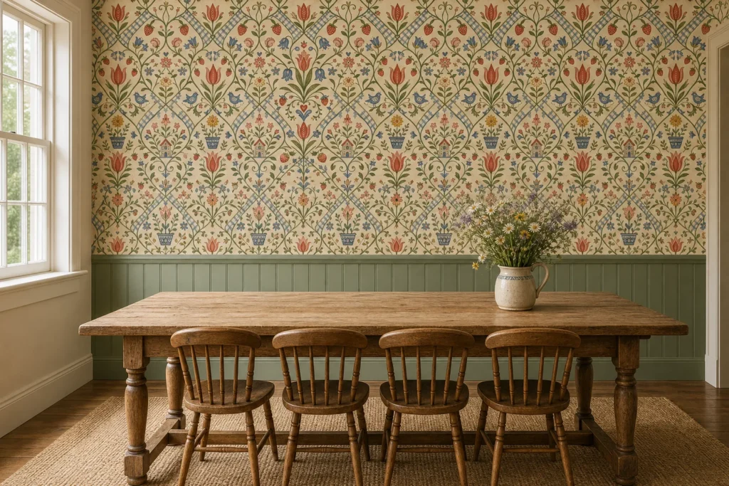 A modern English cottage dining room featuring a folk tulip lattice mural on the main wall above sage green wainscoting.