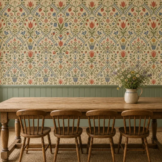A modern English cottage dining room featuring a folk tulip lattice mural on the main wall above sage green wainscoting.