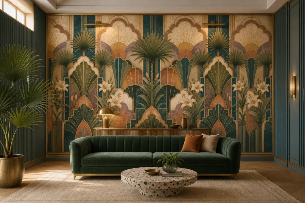A luxury boutique interior featuring a deco palm sunburst mural on a central feature wall behind a velvet sofa.