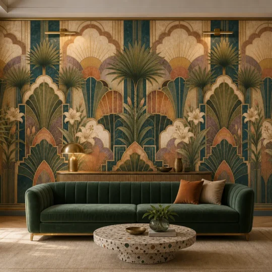 A luxury boutique interior featuring a deco palm sunburst mural on a central feature wall behind a velvet sofa.