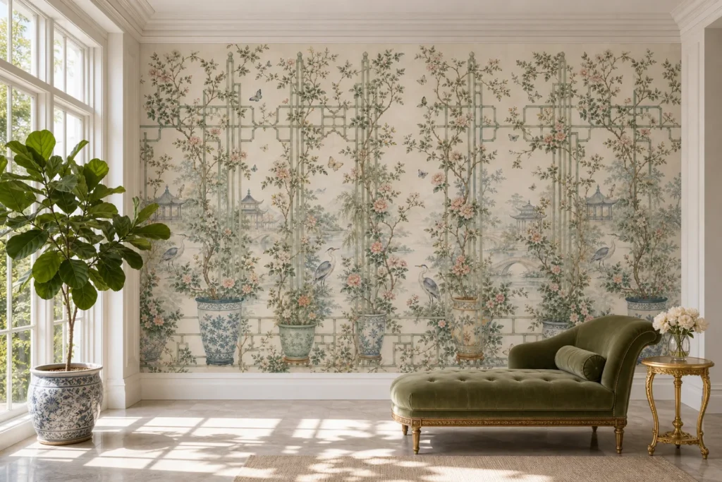 A French Neoclassical sunroom featuring a tea garden trellis mural with herons and climbing roses.