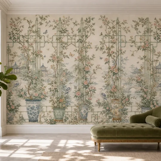 A French Neoclassical sunroom featuring a tea garden trellis mural with herons and climbing roses.