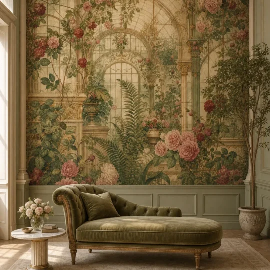 A French Neoclassical room featuring a vintage conservatory rose mural on a grand feature wall.