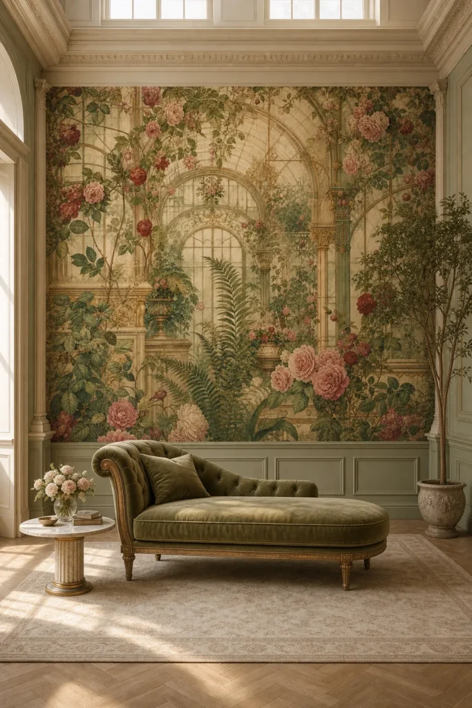 A French Neoclassical room featuring a vintage conservatory rose mural on a grand feature wall.