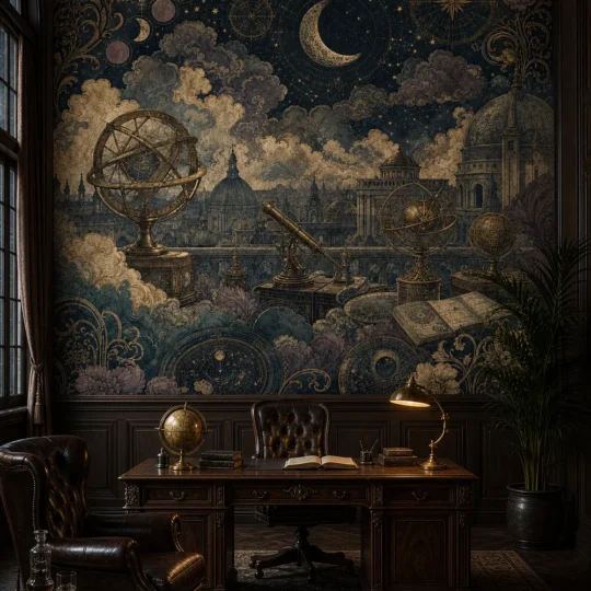A dark academic Victorian study featuring a celestial observatory mural on the back feature wall behind a walnut desk.