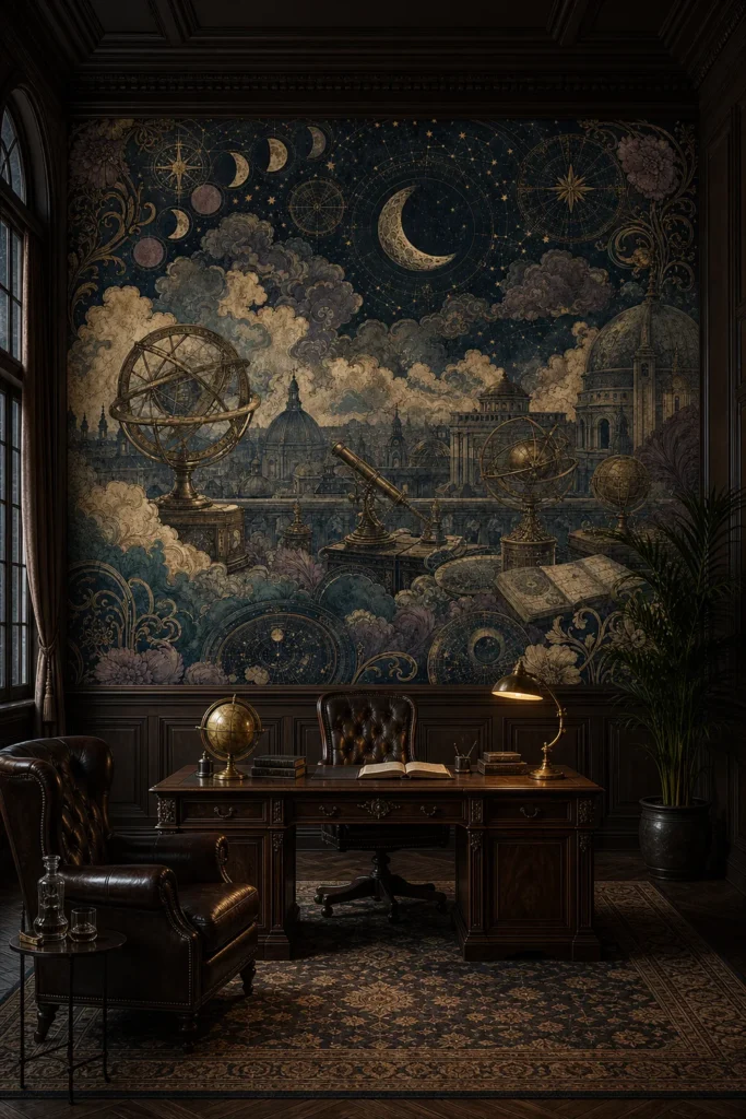 A dark academic Victorian study featuring a celestial observatory mural on the back feature wall behind a walnut desk.