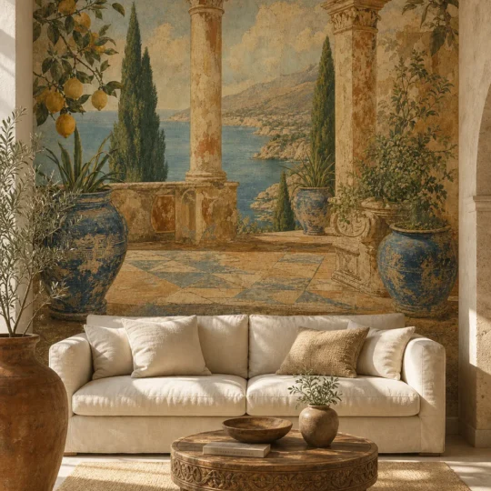 A sun-drenched minimalist living room featuring a large mediterranean coastal ruins mural on a cream plaster wall behind a linen sofa.