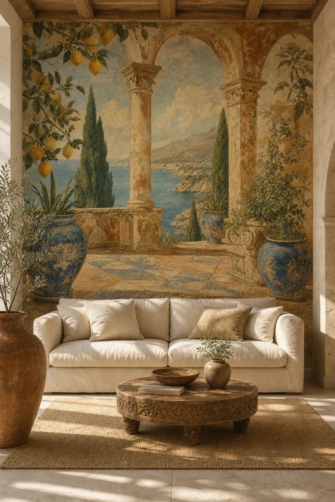 A sun-drenched minimalist living room featuring a large mediterranean coastal ruins mural on a cream plaster wall behind a linen sofa.