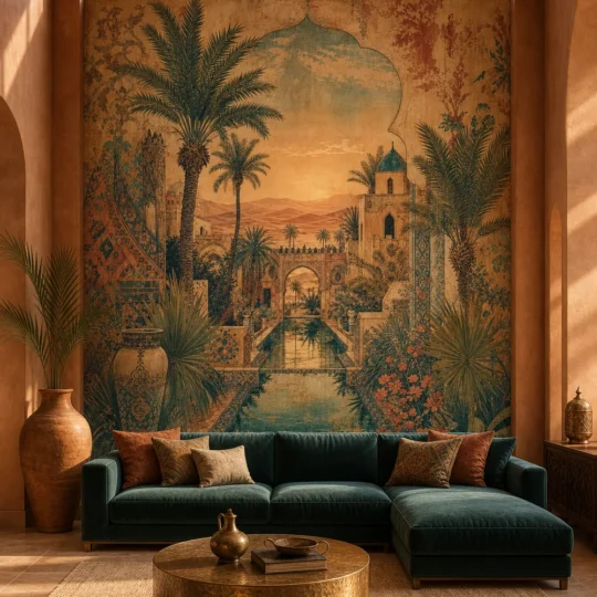 A modern Moroccan lounge featuring a large desert oasis mural on the back wall, illuminated by warm golden hour sunlight.