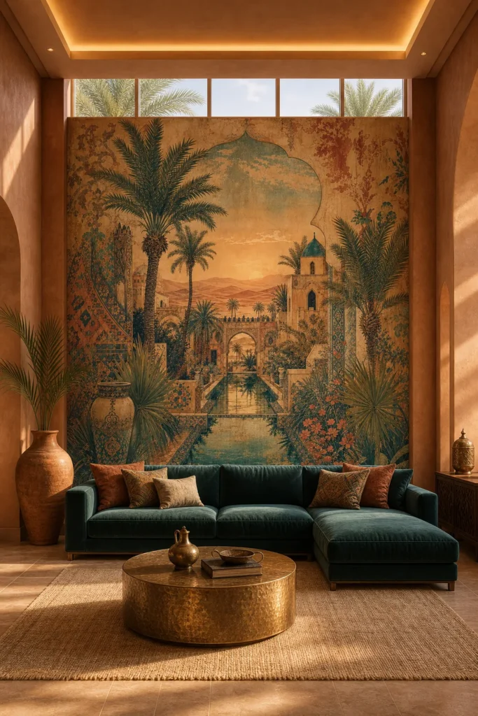A modern Moroccan lounge featuring a large desert oasis mural on the back wall, illuminated by warm golden hour sunlight.