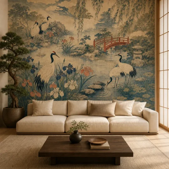A Modern Zen living room featuring a crane garden mural as a focal point on the back wall.